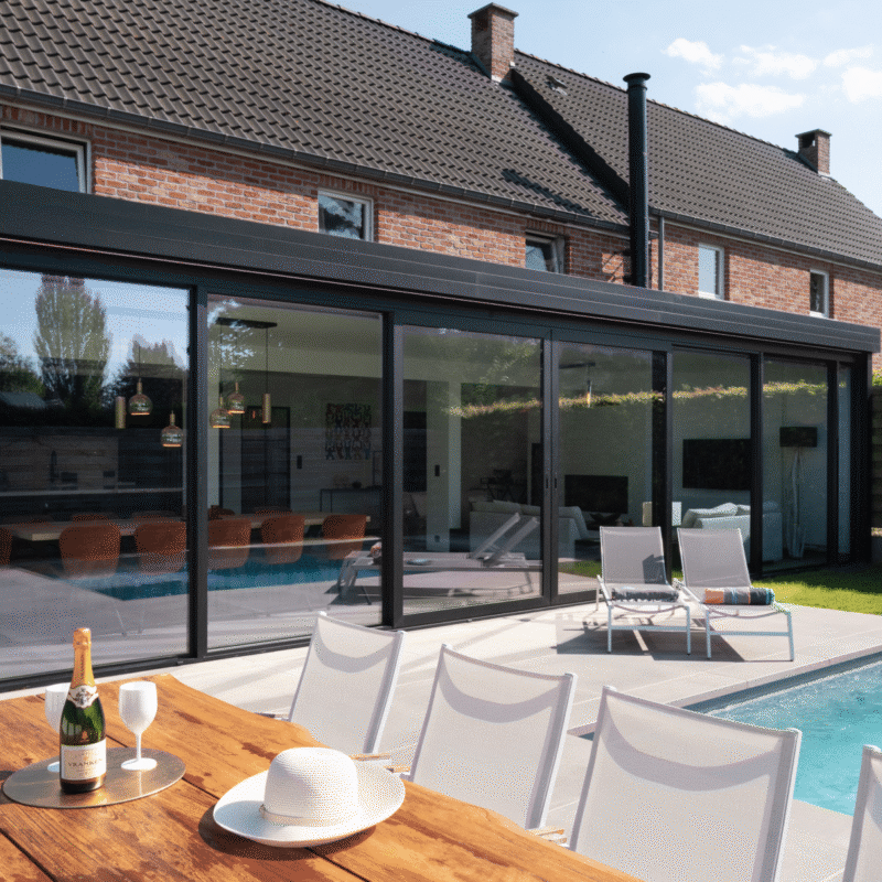 Moderne aanbouw veranda voor eetkamer en woonkamer in Glimes, Incourt - Van Der Bauwhede