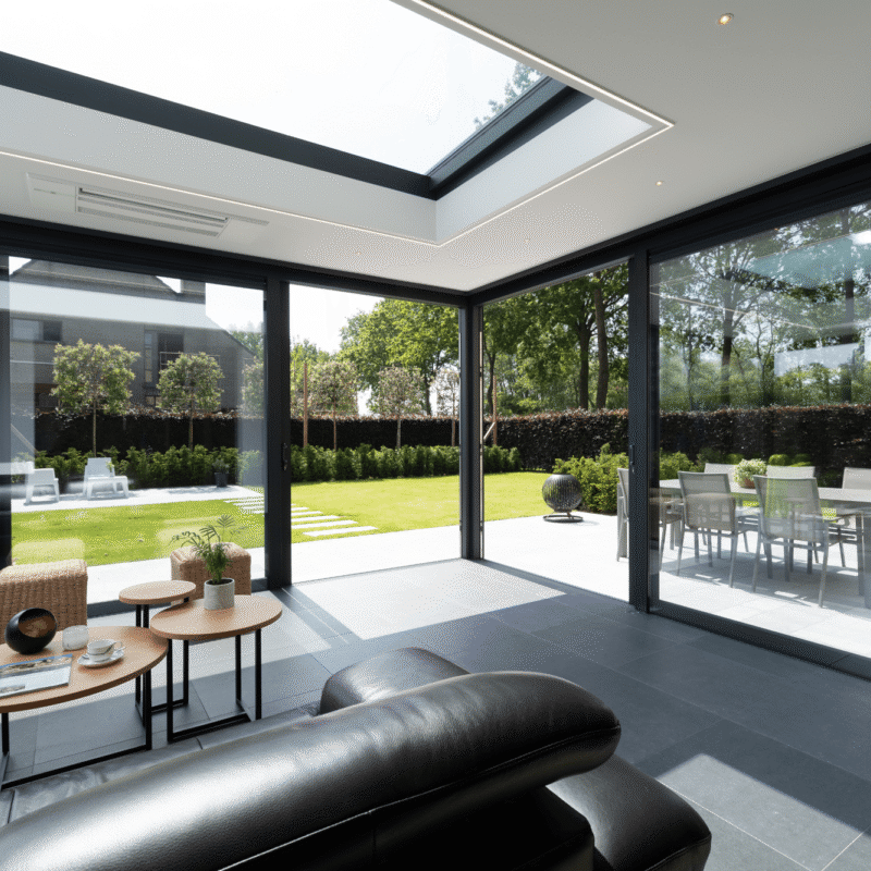 Tijdloze zwarte veranda met lichtstraat en schuifdeuren in Zedelgem - Van Der Bauwhede