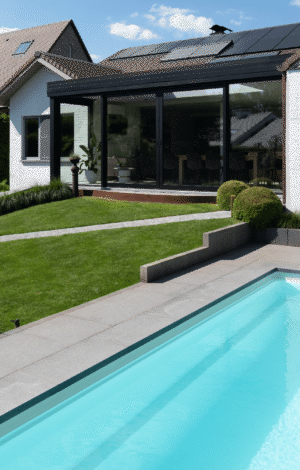 Moderne aanbouw veranda met zicht op het buitenzwembad in Zedelgem door Van Der Bauwhede
